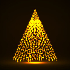 Abstract neon Christmas tree with glowing particles. Vector illustration