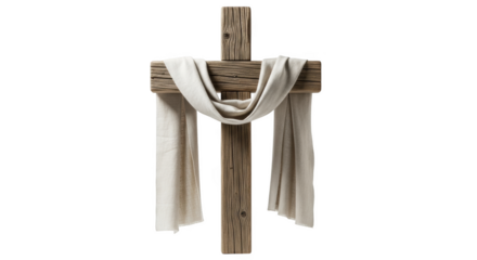 Rustic wooden cross draped with white cloth weathered wood