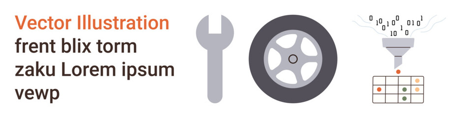 Technology, automotive repair, data processing, coding, machine maintenance, and innovation. Wrench, wheel data funnel binary code and coding grid elements. Automotive repair and data processing