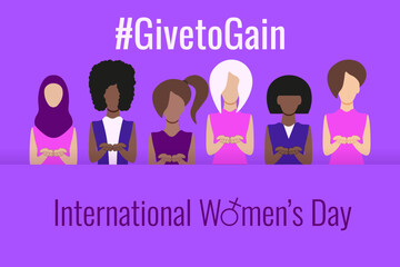 Minimal style Give to Gain banner template design. International Women's Day 2026. Women's with GivetoGain symbol and typography slogan. Vector illustration for web social media banner poster cover.