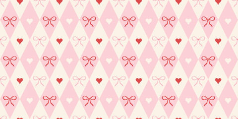 Coquette rhombus seamless pattern. Girly plaid texture in red and pink colors. Argyle cute diamond pattern with bows and hearts. Holiday circus print for Valentines' day, wedding, birthday, wrap.