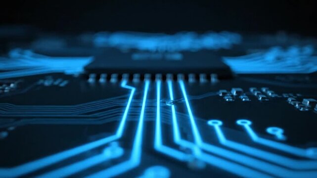 Macro cinematic view of a circuit board as blue energy streams converge on a microchip and explode in a digital power burst