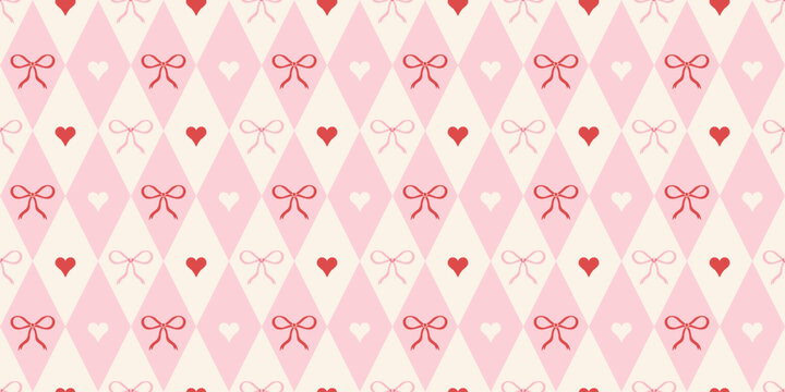 Coquette rhombus seamless pattern. Girly plaid texture in red and pink colors. Argyle cute diamond pattern with bows and hearts. Holiday circus print for Valentines' day, wedding, birthday, wrap.