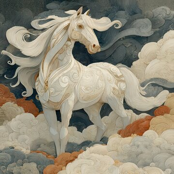 Mythic chinese celestial horse shen shou standing on clouds
