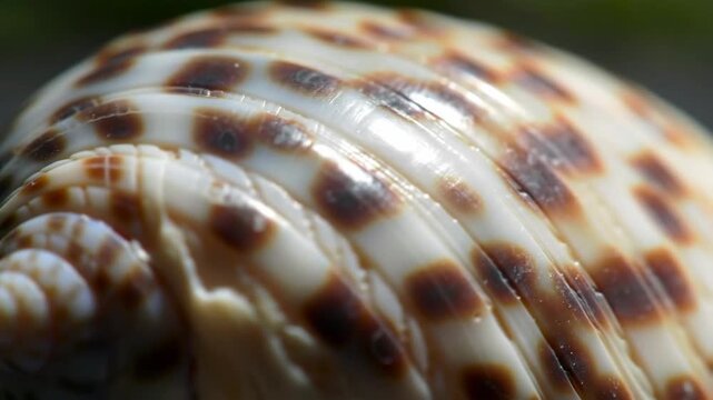 Macro close-up of a colorful seashell on a green background. Used for nature, design, and background