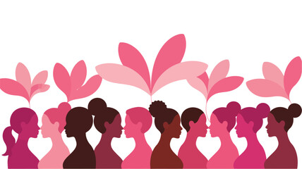 Diverse female profiles in shades of pink with floating leaves symbolizing collective empowerment and growth