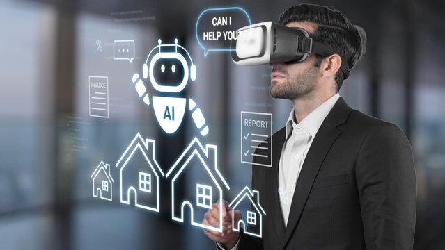 Businessman wearing virtual reality headset while interacting with AI chatbot and virtual home graphics in modern office environment Gluon. - Powered by Adobe