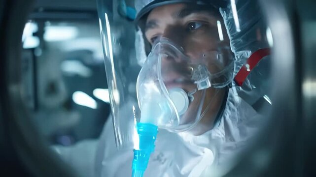 Engineer wearing full protective gear including face shield securing beryllium samples in a sealed container to ensure contamination control.