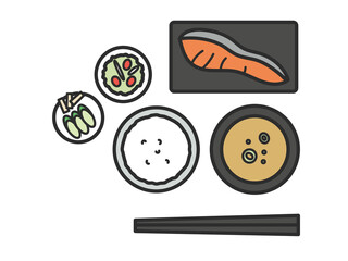 焼き鮭の定食イラスト　朝食