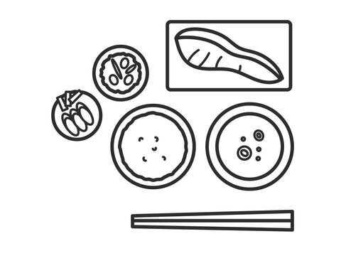 焼き鮭の定食イラスト　朝食　線画のみ