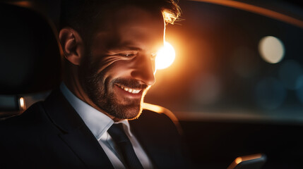 Smiling man driving car using navigation app on smartphone at night, urban commute, modern technology, digital map