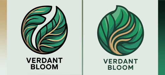Verdant Bloom circular leaf logos, organic botanical emblem set with layered green foliage and golden accents, eco brand vector marks for wellness and gardening