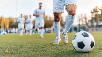 Fototapeta premium Soccer player running with ball on green field during practice with blurred teammates in background