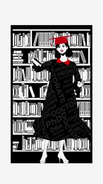 Stylish black, white and red animation of a female PhD graduate in an academic library. Perfect for universities, doctoral programs, research institutions, education ads and motivational reels.