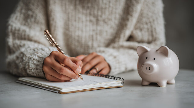 Woman planning budget and saving money with piggy bank at home