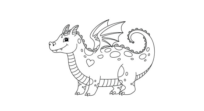 Simple line drawing of a cute baby dragon with wings and scales is ready for coloring by children as a fun hobby.