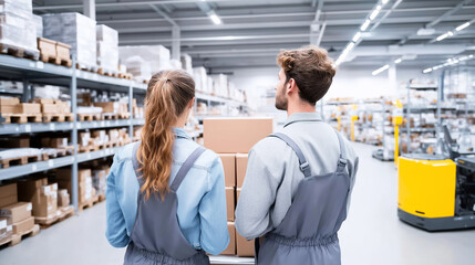 Warehouse workers moving cardboard boxes on a cart, analyzing inventory and distribution in a large logistics center