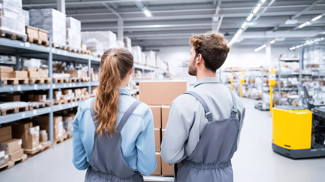 Warehouse workers moving cardboard boxes on a cart, analyzing inventory and distribution in a large logistics center - Powered by Adobe