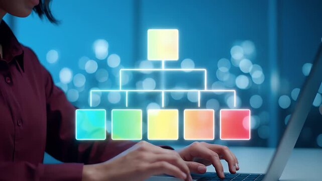Data structure and tree diagram. Programmer using laptop computer to develop software.
