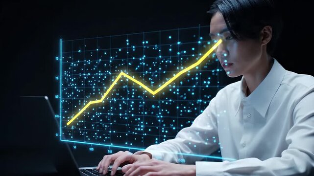 Regression analysis. Linear regression chart. Predicting trends with historical business data. Businessperson using laptop computer to make data-driven decisions.
