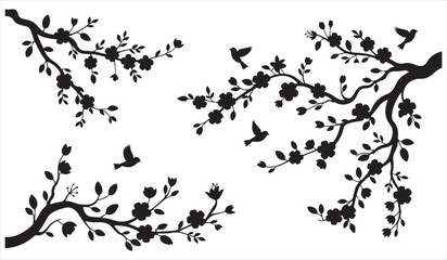 Decorative floral branches with birds in flight in black silhouette botanical vector design