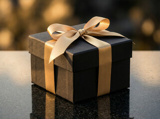 Minimal luxury black gift box with gold ribbon on dark reflective surface