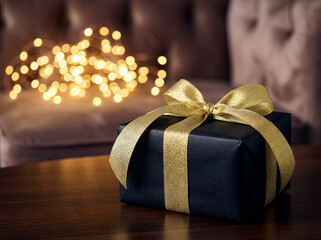 Elegant black gift box with gold ribbon on wooden table and warm festive lights