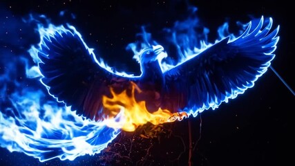 Phoenix Rising: Blue Flame Bird Emerges from Fire, Dark Background