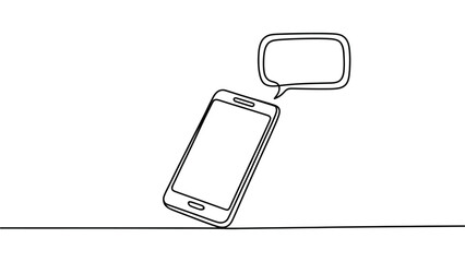  Minimal smartphone with speech bubble line art illustration isolated on white background, continuous line mobile communication and messaging concept symbol for chat, app, logo and design use