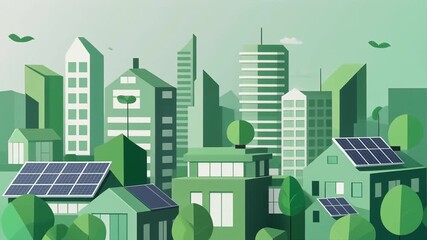 Sustainable cityscape with solar panels and green buildings viewed from above