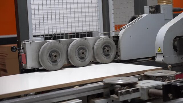 Wood cutting machine in operation, processing logs into timber with precision. The scene represents industrial woodworking, lumber production, manufacturing, and heavy machinery. Ideal for constructio