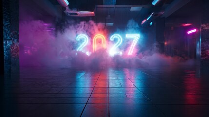 Naklejka premium Illuminating the Future: 2027 a neon sign with vibrant hues, set amidst an atmospheric mist, hints at a futuristic era. The environment suggests an industrial space with dramatic lighting.