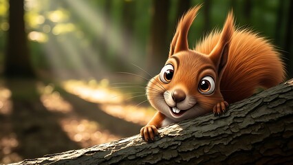 A delightful and charming cartoon squirrel with bright, curious eyes peeks over a sun-drenched tree branch in a magical, illustrative forest setting, radiating warmth and happiness