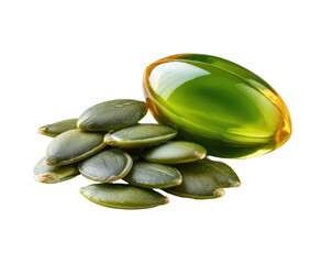 Green seeds & gel capsule on black background, vitamins supplements
