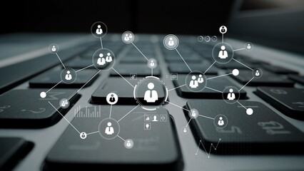 Abstract digital network visualization over laptop keyboard representing connections, technology, innovation, and communication in modern workspace environments Gluon.