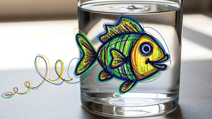 A vibrant, hand-drawn fish illustration, bursting with playful colors, creatively depicted on a clear glass of water, adding a whimsical touch to everyday objects