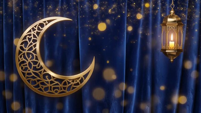 Dramatic 3D illustration of a decorative golden crescent and lit Arabic lantern against flowing deep blue velvet, highlighted by rich ambient golden bokeh.
