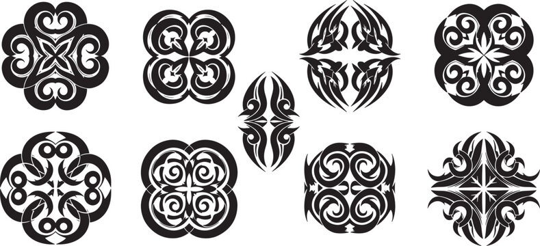 Tribal designs collection featuring various patterns and illustrations in black and white