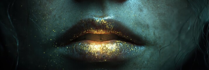 Woman's lips glowing with golden glitter makeup