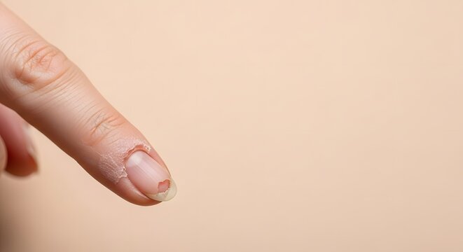 Extreme close-up of a human finger cuticle with a painful hangnail and dry peeling skin for a nail health and skin care concept