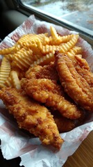 Fried fish fillets and crinkle cut fries serving