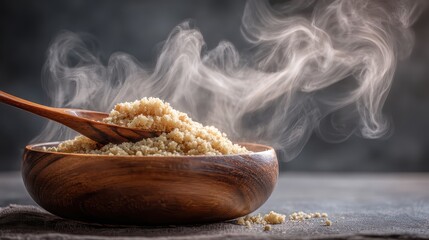 Steaming hot millet grain in a rustic wooden bowl