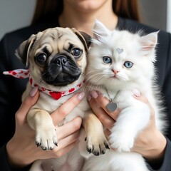 Person holding pug puppy and white kitten with heart necklaces