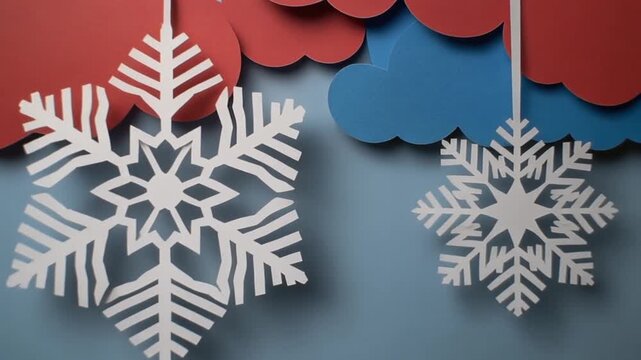White Paper Snowflakes Hanging From Red Clouds