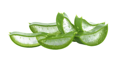 Fresh aloe vera slices isolated on transparent background. Green juicy herbal plant pieces ideal for skincare cosmetics, spa banners, organic product packaging and health concepts.