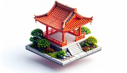Isometric view of a vibrant red pagoda on a platform, surrounded by foliage