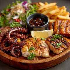 Platter of grilled seafood mix serving with octopus and fish
