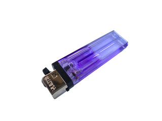 Close-up of a purple translucent plastic lighter with a metallic top on a white background.