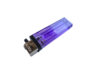 Close-up of a purple translucent plastic lighter with a metallic top on a white background.
