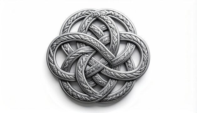 Intricate, silver Celtic knot design, rendered in 3D, isolated on white